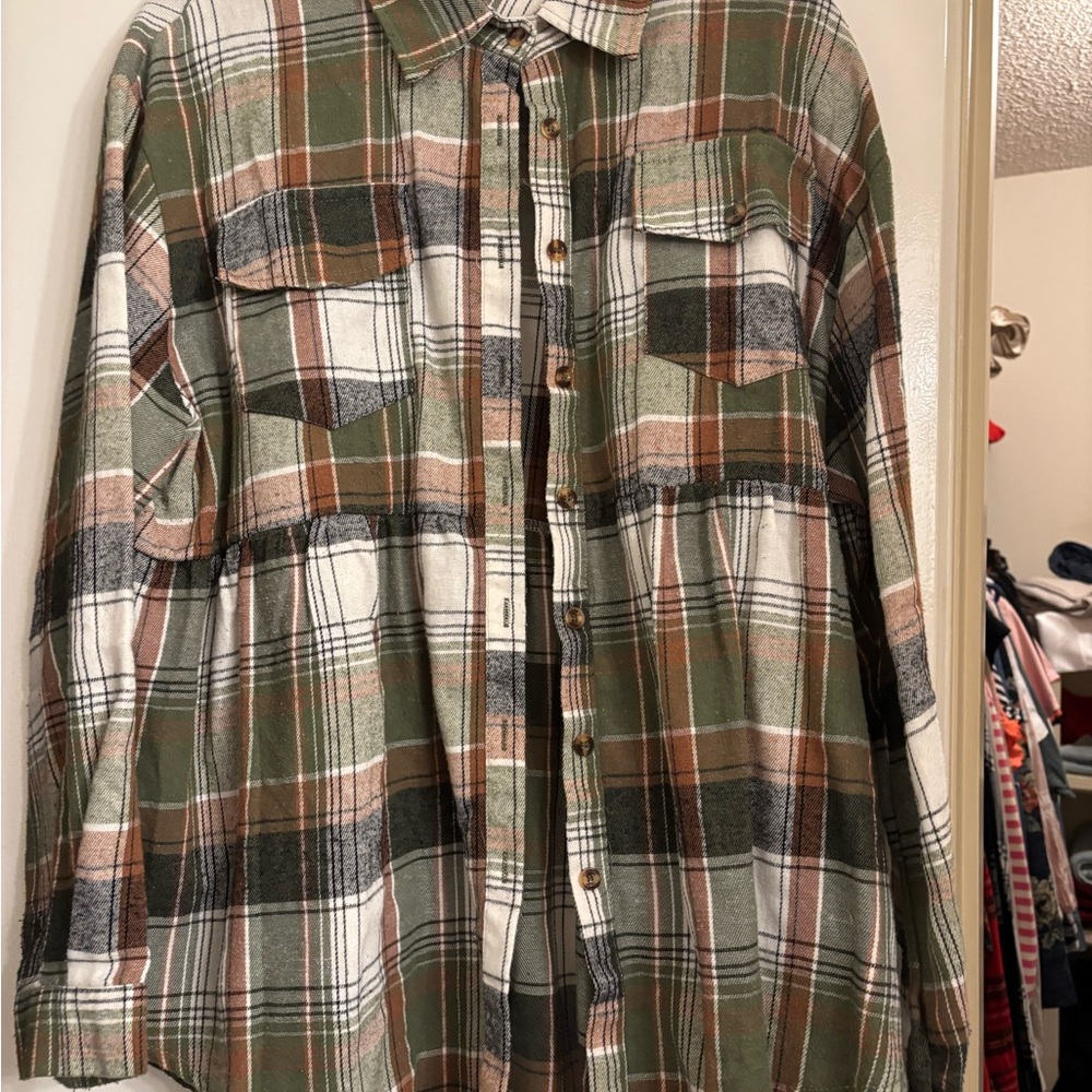 Plaid Button-Up Blouse - Green, Brown, White
